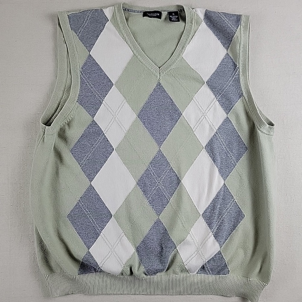 Men's Van Heusen Sweater Vest XL Green Gray Argyle 100% Cotton